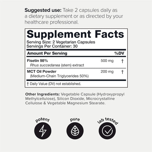 Toniiq Ultra High Purity Fisetin 500mg, 98%+ Bioavailable Fisetin Supplement with MCT Oil, 60 Capsules