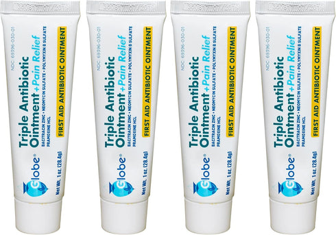 Globe 4 Pack Triple Antibiotic + Pain Relief Ointment, 1oz First Aid for Cuts, Burns, Scrapes