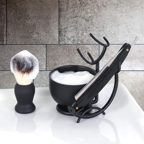 SANWA Grooming Shaving Kit for Men, Strong Razor and Brush Stand with Stainless Steel Shaving Soap Bowl