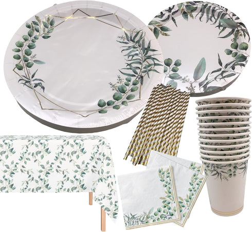 Oojami Floral Party Supplies Set for 24 Eucalyptus Greenery Plates, Cups, Napkins,