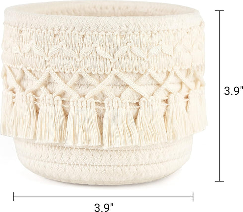 Mkono Macrame Makeup Brush Holder Organizer, Set of 2 Boho Decor Baskets for Pen Pencil Box Container, Ivory