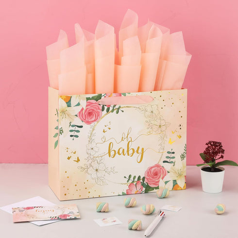 13" Large Light Orange Gift Bag Set with Greeting Card & Tissue Paper (Gold Foil ‘Oh Baby’) for Baby Shower, 1 Pcs