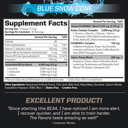PMD Sports BCAA Charged Amino Acid Drink Mix for Performance, Recovery, Endurance - Blue Snow Cone