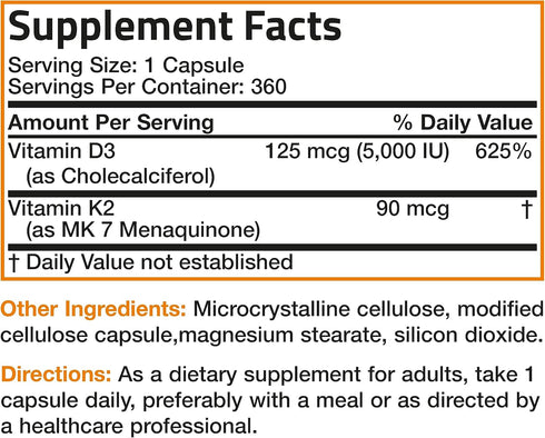 K2 (MK7) D3 5000 D3 90 K2 MK-7 360 Bronson Vitamin with Supplement Non-GMO Formula IU Vitamin & mcg Easy to Swallow D