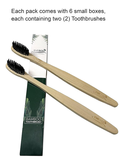 12 Count Bamboo Toothbrush, Soft Bristles for Sensitive Gums, Charcoal, Vegan, Natural Wood, BPA Free