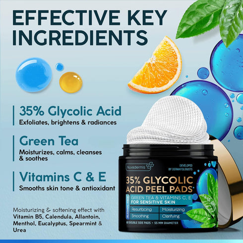 NUVADERMIS 35% Glycolic Acid Exfoliating Facial Peel Pads for Sensitive Skin - 60 Double-Side Pads, Blackheads & Acne
