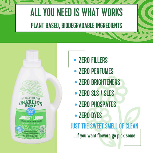 Charlie’s Soap Natural Deep Cleaning Laundry Liquid, 75.0 Fl Oz, 100 Loads, Hypoallergenic, Eco-Friendly Detergent