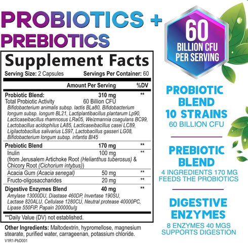 Daily Probiotic and Prebiotic Supplement 60 Billion CFU Capsule for Women & Men - 10 Diverse Strains - Acidophilus Prebiotics & Probiotics for Digestive Gut & Immune Health Support - 120 Capsules