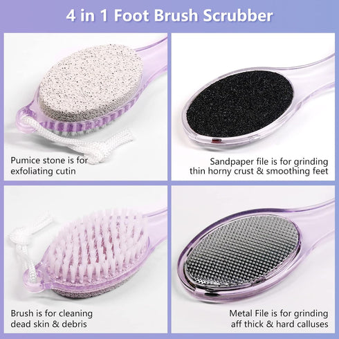 Pumice Stone Brush for Feet, 2 Pack Foot Scrubber 4 in 1 Pedicure Paddle Kit for Foot Care (Lilac and Blue)