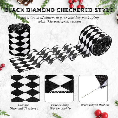 3 Rolls Black White Harlequin Ribbon, 30 Yards, 2.5 Inch Wide Checkered Wired for Xmas Fall Tree Crafts