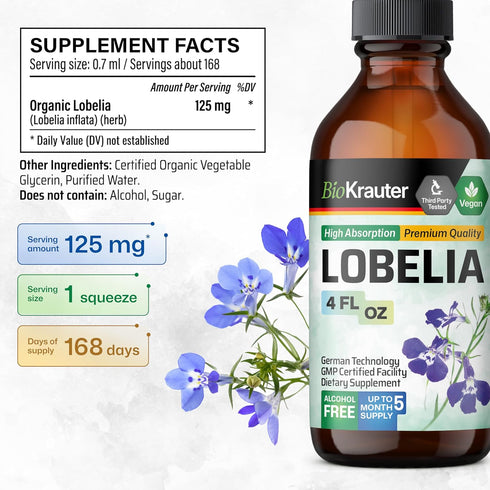 BIO KRAUTER Lobelia Tincture - Vegan Alcohol & Sugar Free Respiratory Support Supplement - 4 Fl.Oz.