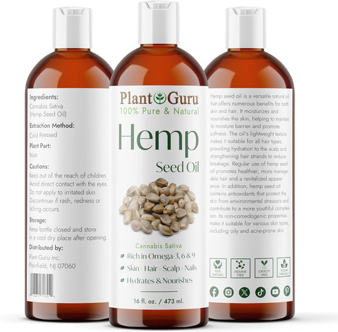 Hemp Seed Oil 16 oz. Virgin, Unrefined 100% Pure Natural - Moisturizer for Skin, Body, Hair, Massage & Acne!