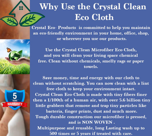 Crystal Clean Eco-Cloth, Lint-Free Microfiber Cloth for Windows, Glass, Stainless Steel, 5 Pack, White, 16''x16''