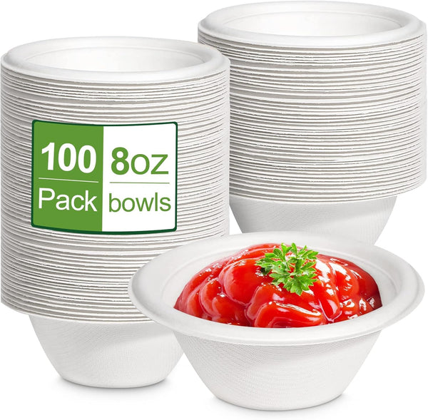 8 oz Small Disposable Bowls, 100 Pack Compostable Paper Bowls for Ice Cream, Snack, Biodegradable Made of White Bagasse