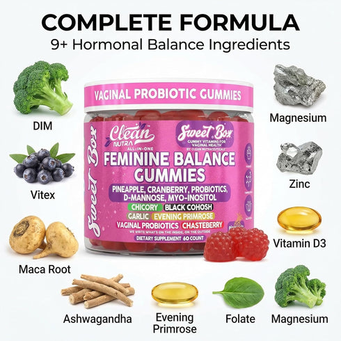 Gummies 60ct Clean Nutra Feminine Balance for Women Pineapple VaginalProbiotics pH Balance Cranberry D Mannose