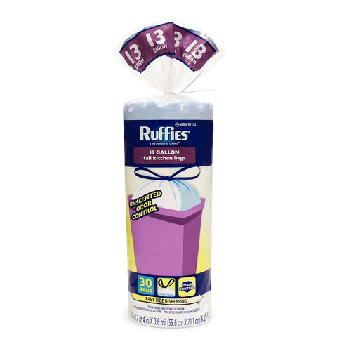 Ruffies 13 Gallon Tall Kitchen Bags, 30 Count, .8 Mil, Drawstring, Unscented, White Color, Pack of 1