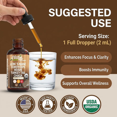 Mushroom Supplement Liquid Drops with Lions Mane Turkey Tail Cordyceps Reishi Chaga Shitake Maitake Tremella Oyster