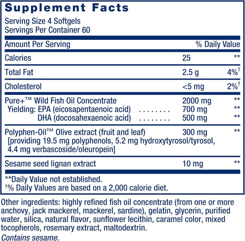 Omega-3 Inflammation 240 Life Extension Super EPA/DHA Fish Oil, Sesame Lignans & Olive Extract Heart Health, Brain