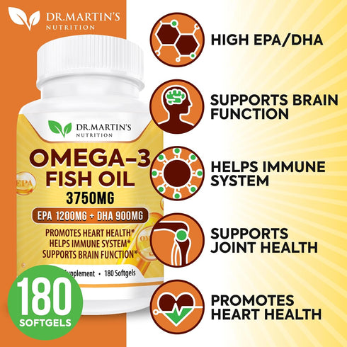 Omega-3 Fish Oil 3750mg Triple Strength - 180 Burpless Softgels | EPA 1200mg + DHA 900mg | Promotes Healthy Heart, Immune System, Eyes, Skin & Brain Function