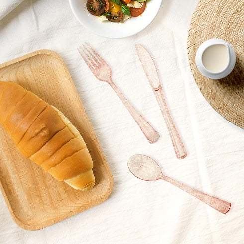 180PCS Rose Gold Plastic Silverware Set, 60 Gold Forks, 60 Gold Spoons, 60 Gold Knives, Disposable Cutlery for Party