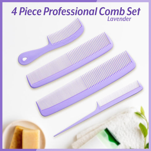 Mars Wellness 4 Piece Professional Comb Set Lavender - USA MADE - Fine Pro Tail Combs, Dresser Hair Comb Styling Comb - Premium Grade for Men and Women - Parting Teasing and Styling - Lavender