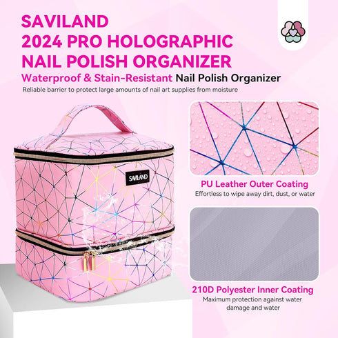 SAVILAND Nail Polish Organizer Bag: PU Leather Storage for 30 Bottles & Nail Lamp, Travel Case for Nail Tech Supplies