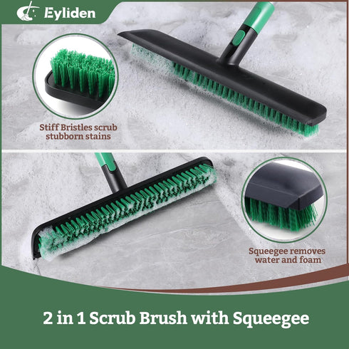 Eyliden 15” Floor Scrub Brush - 2-in-1 Stiff Bristle and Soft Scrape with Telescopic Long Handle