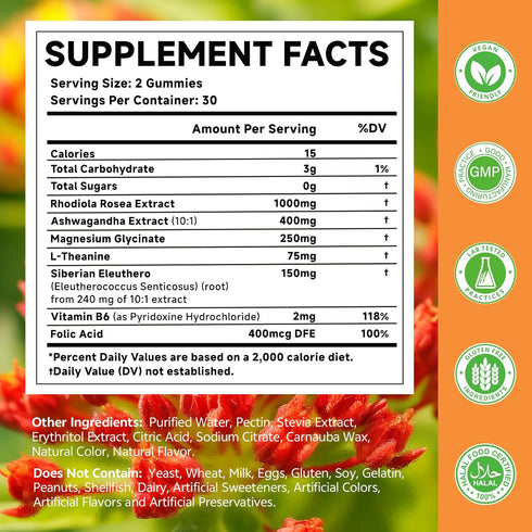 Gummies 60 Count Rhodiola Rosea for Adults & Kids-Adaptogenic Herb-Daily Wellness, Emotions, Slumber Support