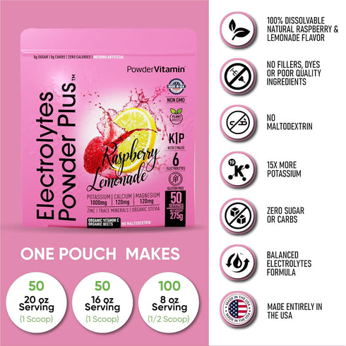 Electrolytes Powder Plus, 50 Servings, Raspberry Lemonade, Zero Calorie, 1000mg Potassium