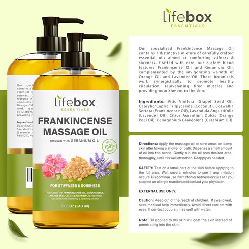 Frankincense Massage Oil - 100% Pure & Natural - 8 FL OZ for Soreness, Stiffness, Stretch Marks, Scars