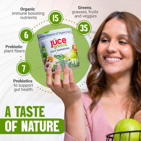 JUCE Organic Green Superfood Powder, 77 Superfoods Plus Prebiotic Probiotic Blend, Harvest Apple Flavor - 20 Servings