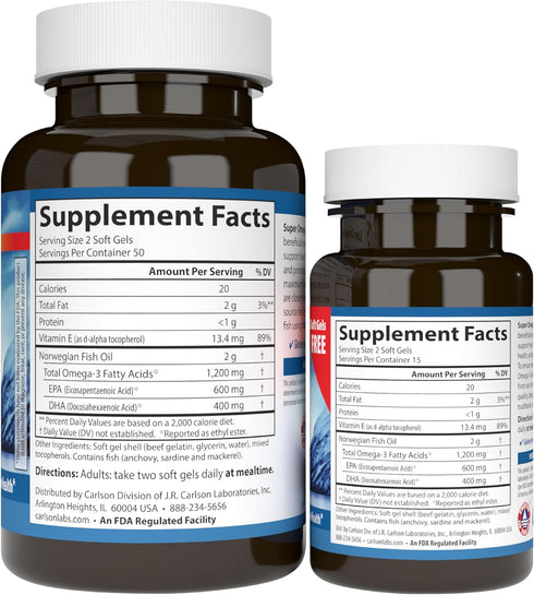 Super Omega-3 Gems, 1200 mg Omega-3 Fatty Acids, Sustainably Sourced Fish Oil Capsules, Carlson, 100+30 Softgels