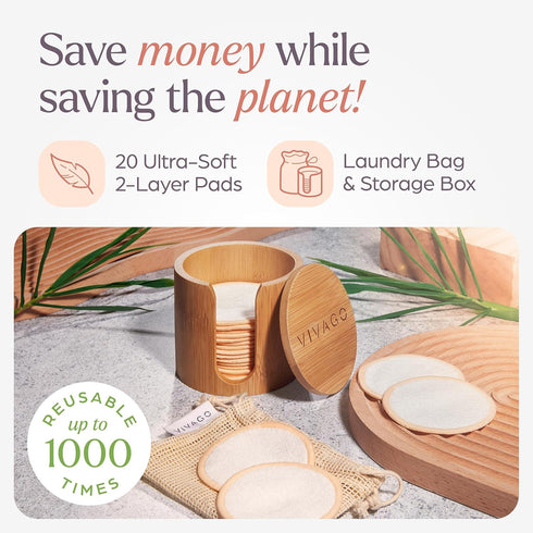 Reusable Cotton Rounds for Face - 20 Pack Soft Makeup Remover Pads with Washable Laundry Bag & Bamboo Holder, All Skin