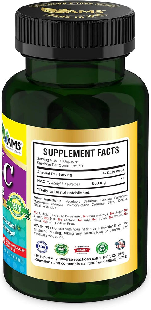America Medic & Science NAC 600mg – NAC Supplement for Lung Health & Immune Support, Liver Support & Antioxidants – N-Acetyl-Cysteine – 60 Capsules (Pack of 1)