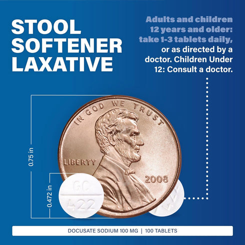 Major Docusate Sodium 100 mg - Stool Softener Tablets for Constipation Relief, 100 Tablets for Ages 12+