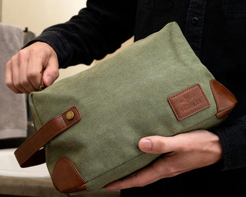 Vetelli Vintage Canvas Toiletry Bags, Waterproof Dopp Kits for Travel (Marco, Green)