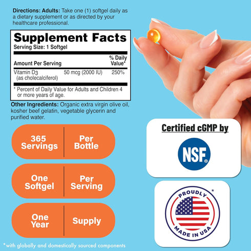Health Thru Nutrition Vitamin D3 2000IU 50mcg Cholecalciferol | Mini Softgels for Maximum Benefit | 3rd Party Tested | Non-GMO USP Grade in Organic EVOO | Immune Health Support (Pack of 365)