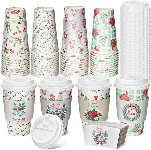 Jingmore 48 Pack 16 oz Christmas Disposable Coffee Cups with Lids and Sleeves