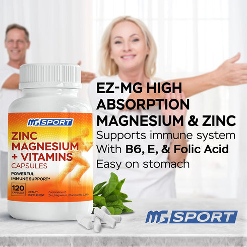 Magnesium Zinc Supplement with Vitamins B6, B9, High Absorption for Immune Support, 120 Capsules.