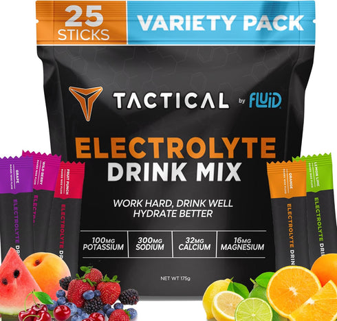Fluid Tactical Electrolyte Powder Drink Mix, Travel Ready Stick Packs, Variety Pack