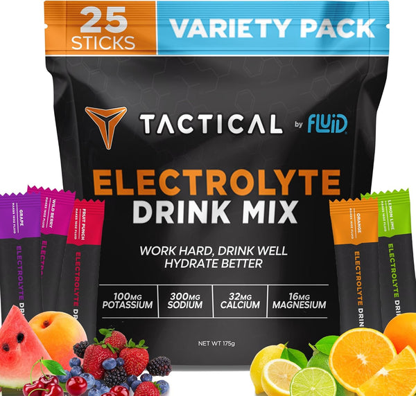 Fluid Tactical Electrolyte Powder Drink Mix, Travel Ready Stick Packs, Variety Pack