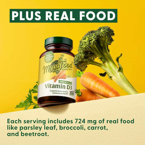 MegaFood Vitamin D3 1000 IU - Immune Support Supplement, Bone Health, 90 Tabs, Non-GMO, Vegetarian