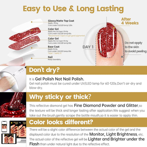 YTD Likomey Reflective Glitter Gel Nail Polish, 15ml Red Flash Diamond Shimmer Gel for Salon Home Nail Art