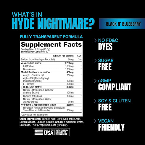 PROSUPPS Hyde Nightmare Pre-Workout Powder, Intense Energy Drink, 30 Servings, Black N’ Blueberry