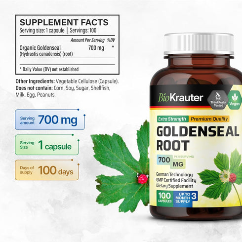 BIO KRAUTER Goldenseal Root Capsule 700 mg, 100 Vegan Golden Seal Powder Caps for Respiratory & Digestive Support