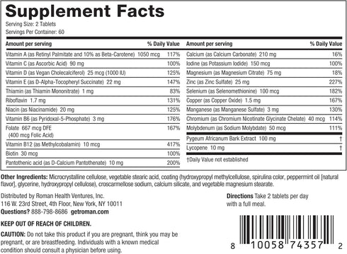 ROMAN Daily Multivitamin for Men | Supports Physical Activity, Brain + Heart Health, and Immune System with 23 Key Nutrients Including Calcium, Magnesium, and Zinc | 60-Day Supply (120 Tablets)