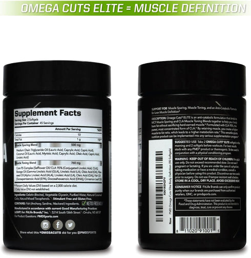 PMD Sports Omega Cuts Elite Fat Loss Formula - Omega Fatty Acids, MCT's, CLA, Keto Friendly, 90 Softgels