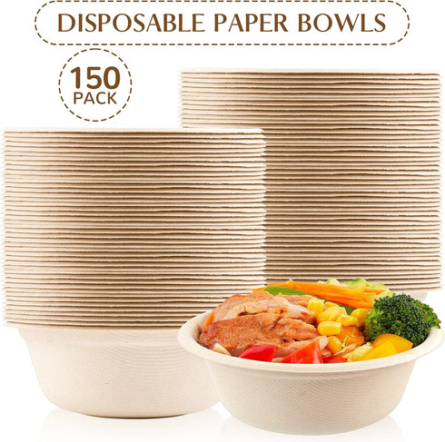 150 Pack 12 oz Paper Bowls, Disposable Compostable Soup Bowls, Natural Sugarcane Biodegradable for Ice Cream, Desserts