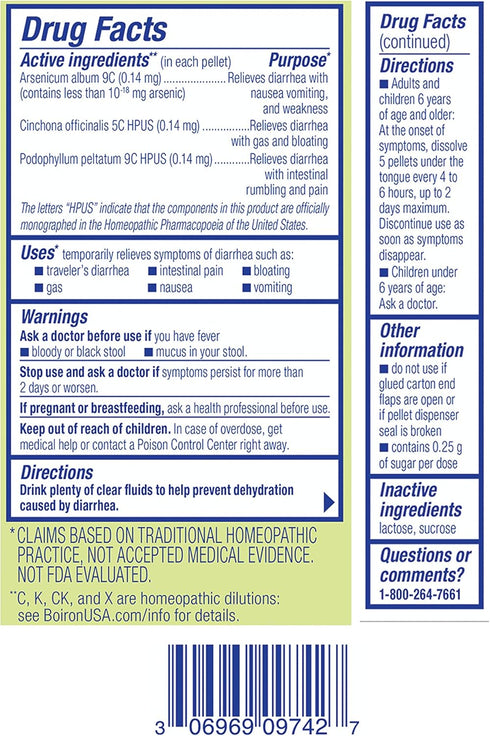 Boiron Diaralia On The Go for Diarrhea Relief, Gas, Bloating, and Traveler's Diarrhea - 2 Count (160 Pellets)