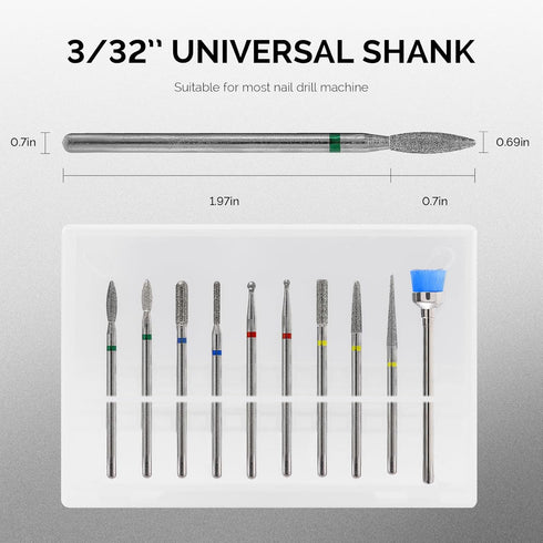 MelodySusie 10pcs Nail Drill Bits Set, 3/32 Inch Diamond Cuticle Bits for Nail Drill E-File, Manicure Tools